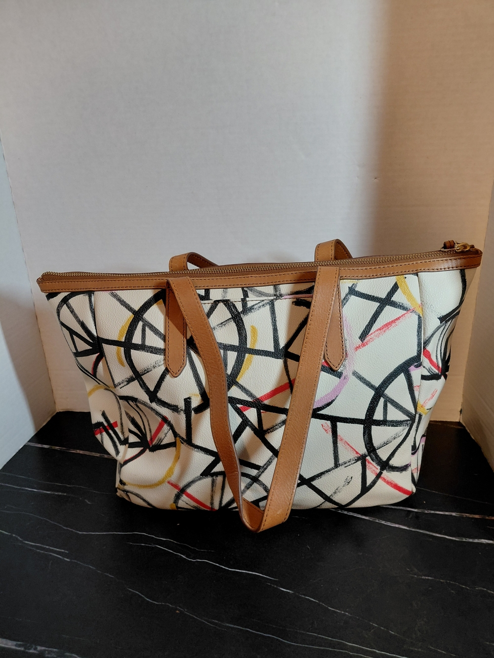 Fossil Multicolor Graphic Print Tote with Tan Trim